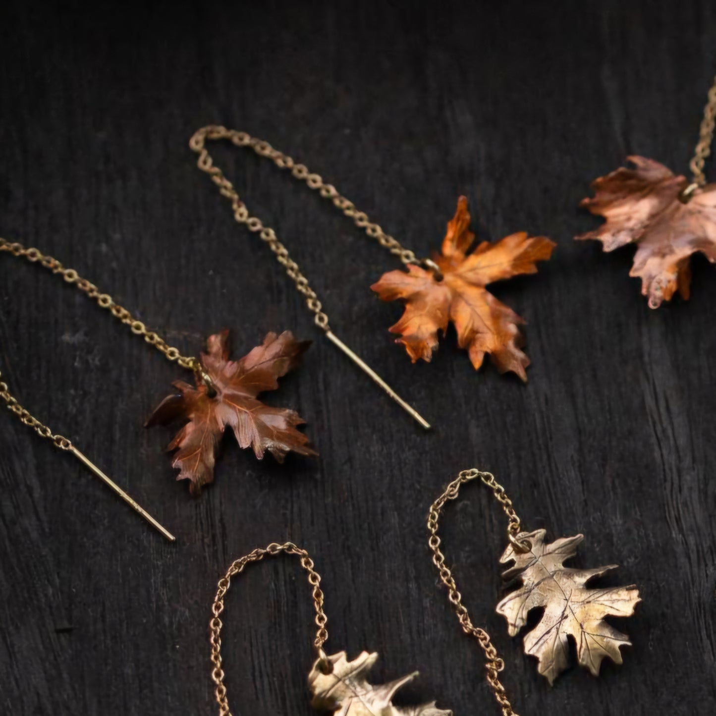 14k Gold, Copper, and Brass Autumn Leaf Ear Threaders