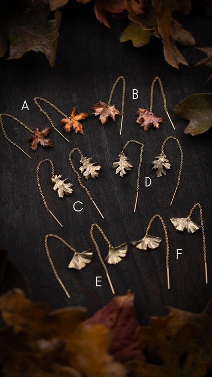 14k Gold, Copper, and Brass Autumn Leaf Ear Threaders